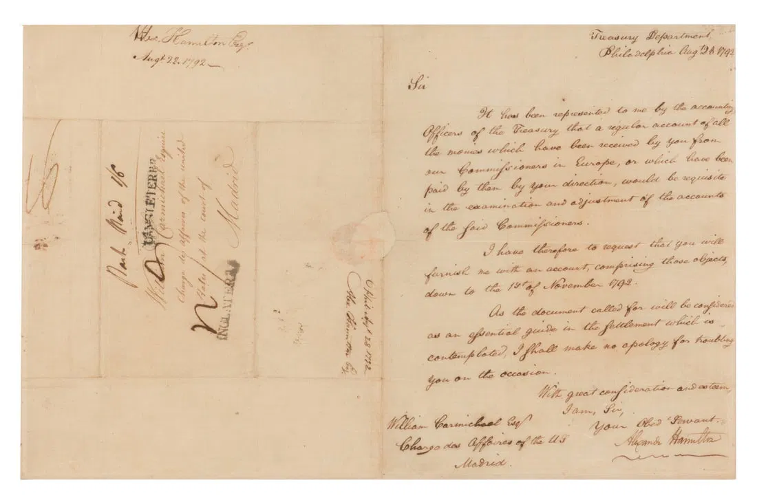 [FOUNDING FATHER]. HAMILTON, Alexander (1757-1804). Manuscript letter signed as Secretary of the