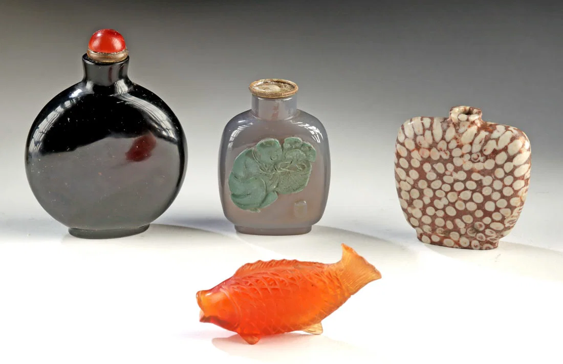 Four 18th C. Chinese Qing Stone & Glass Snuff Bottles