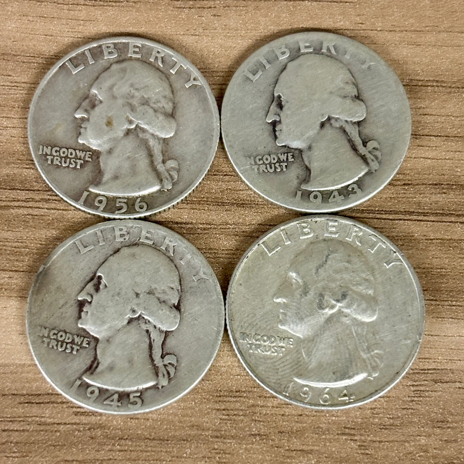 Four (4) Silver Quarters: 1943, 1945, 1956, 1964 - 1"