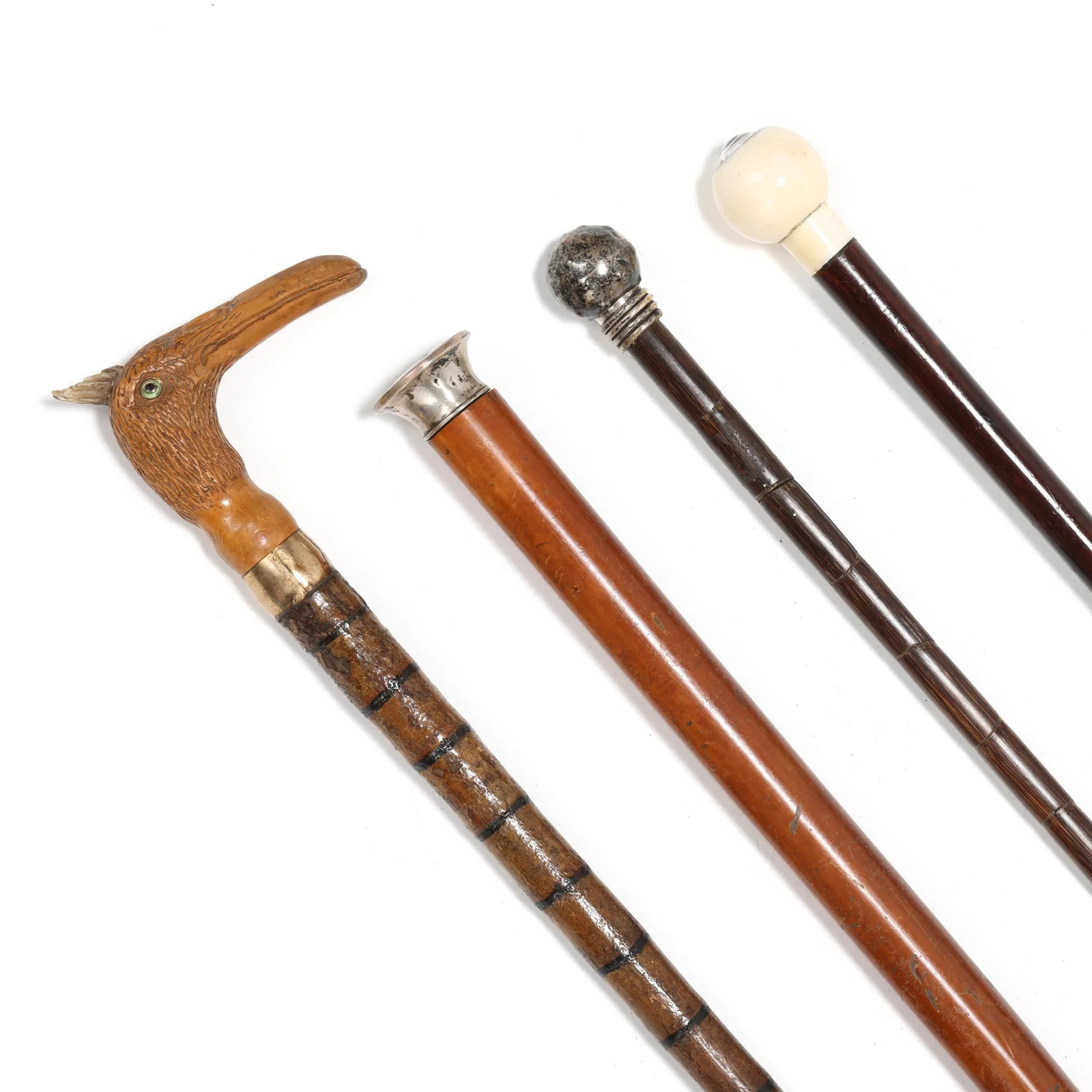 Four Fine Antique Century Walking Sticks, including Ardente Amitié Masonic