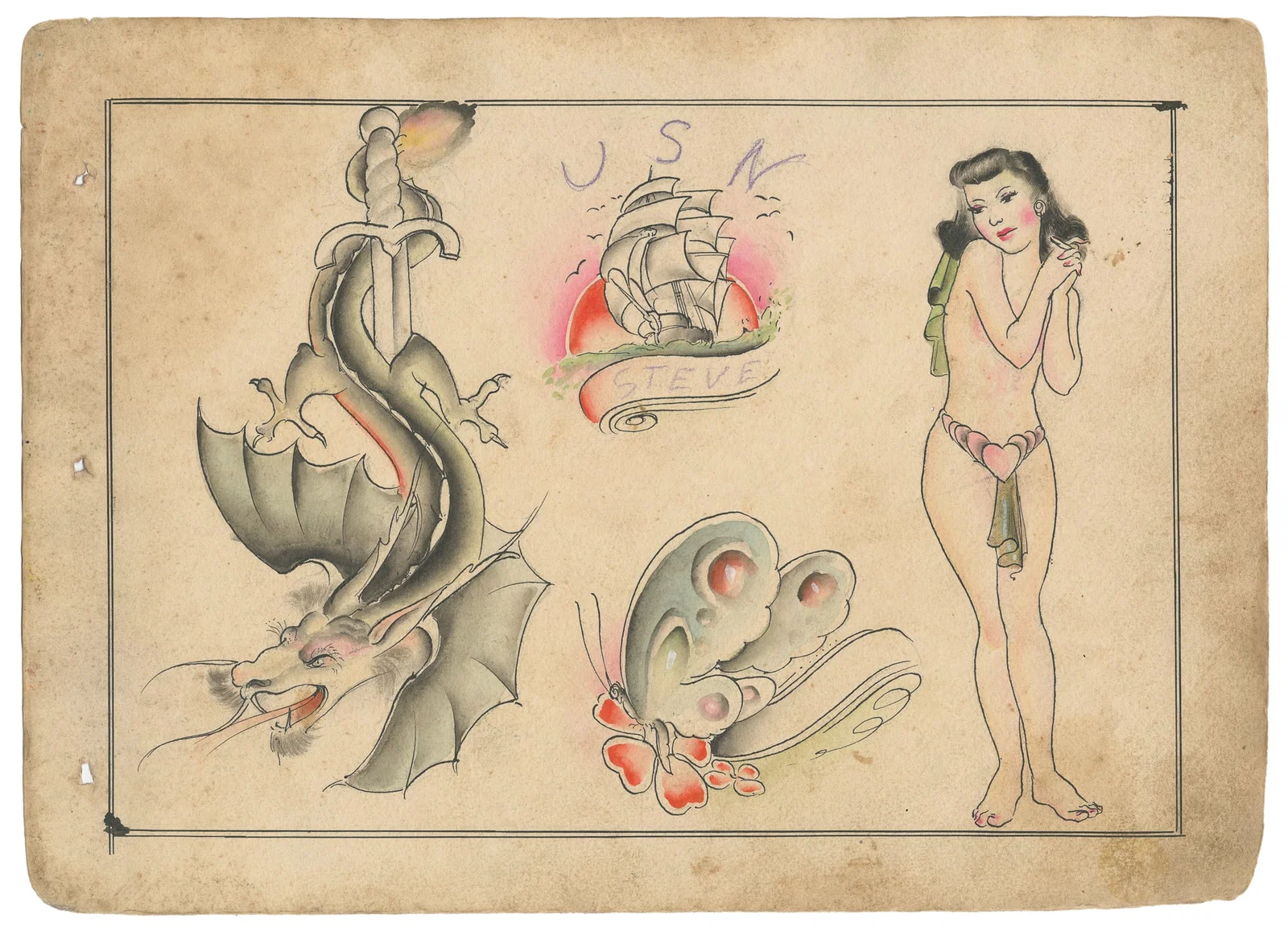 Four Hand-Colored Tattoo Flash Designs. UK, ca. 1940s