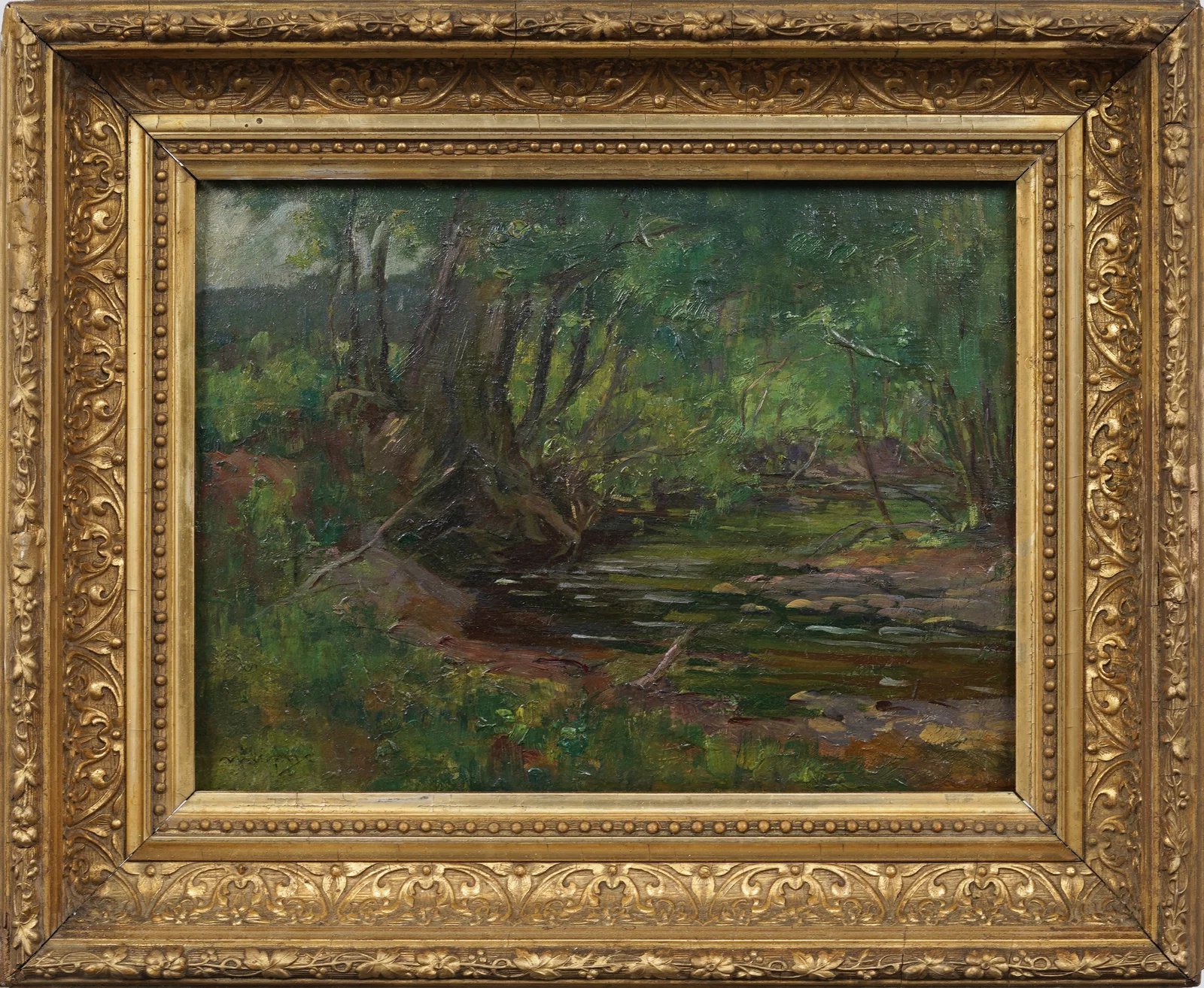 Framed Antique French Impressionist Countryside Forest Landscape Signed Original Oil Painting