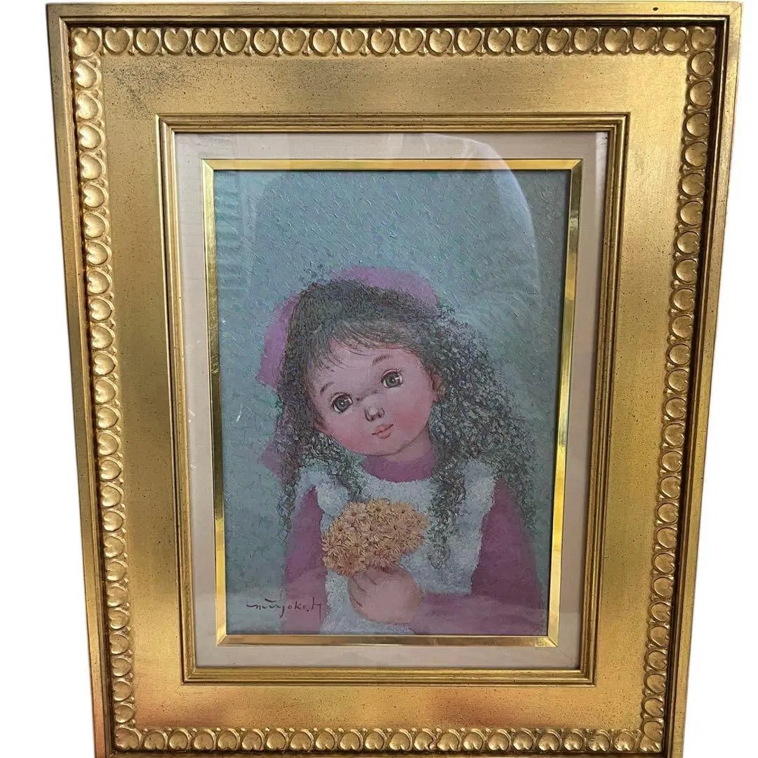 Framed Authentic Work by Miyoko Hashiguchi "Wildflowers" - Girl and Flowers, Signed Oil Painting,