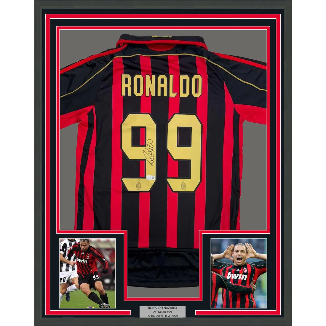 Framed Autographed Ronaldo Nazario AC Milan Jersey with BAS COA