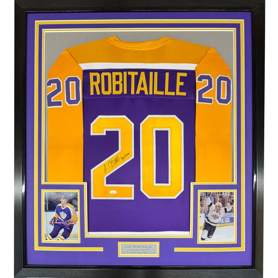 Framed Luc Robitaille Autographed Jersey HOF 2009 LA Kings JSA COA 35x39