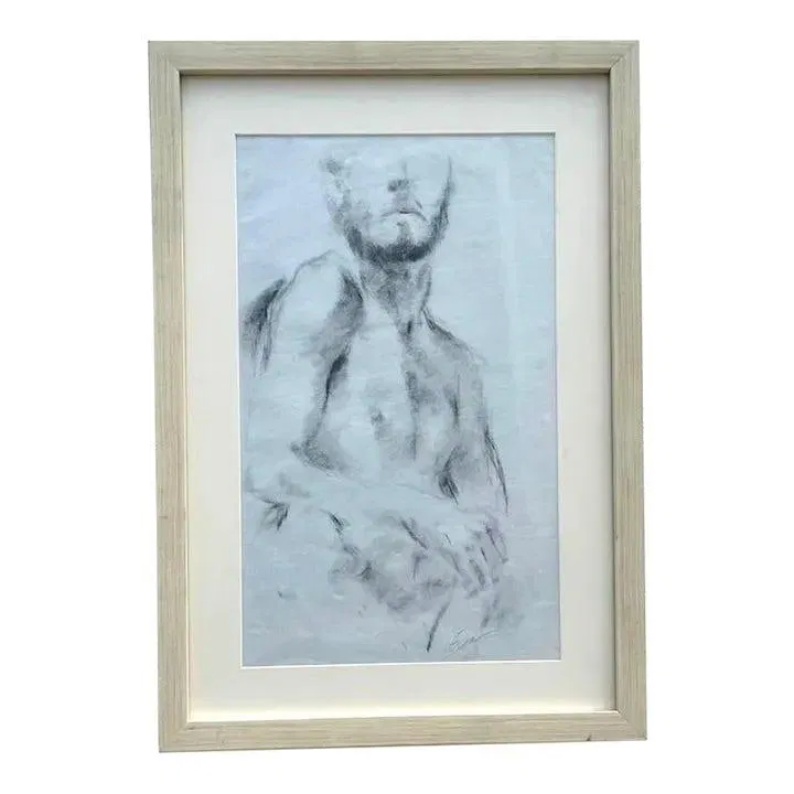 Framed Monochrome Male Figure Sketch on Paper in Bohemian Style
