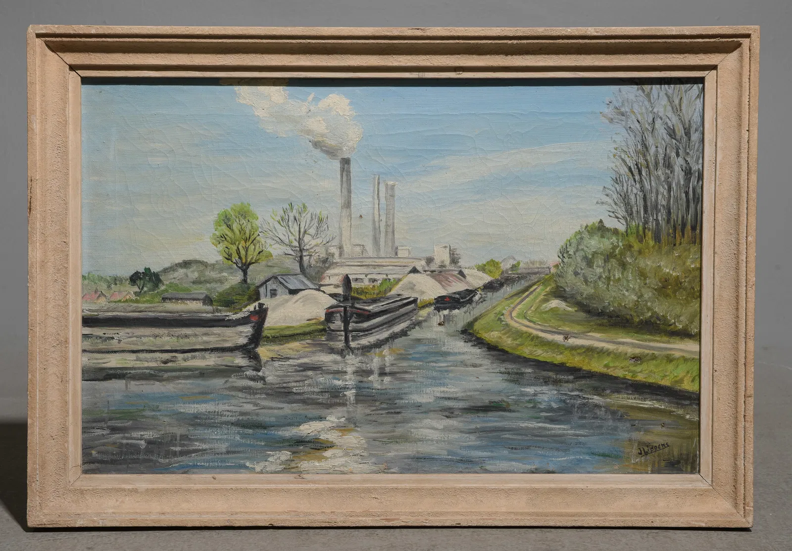 Framed Oil on Canvas Industrial Landscape