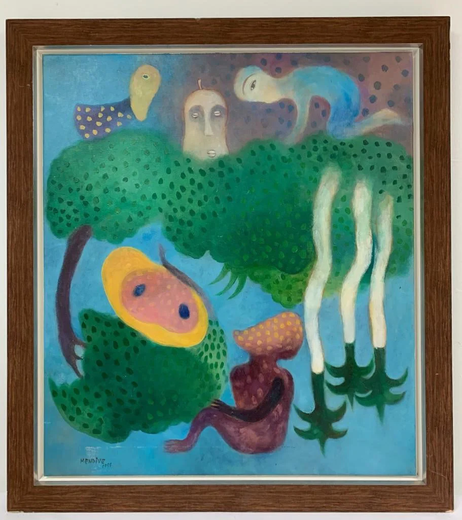 Framed Oil on canvas signed Manuel MENDIVE, title La Maribosa Amarilla