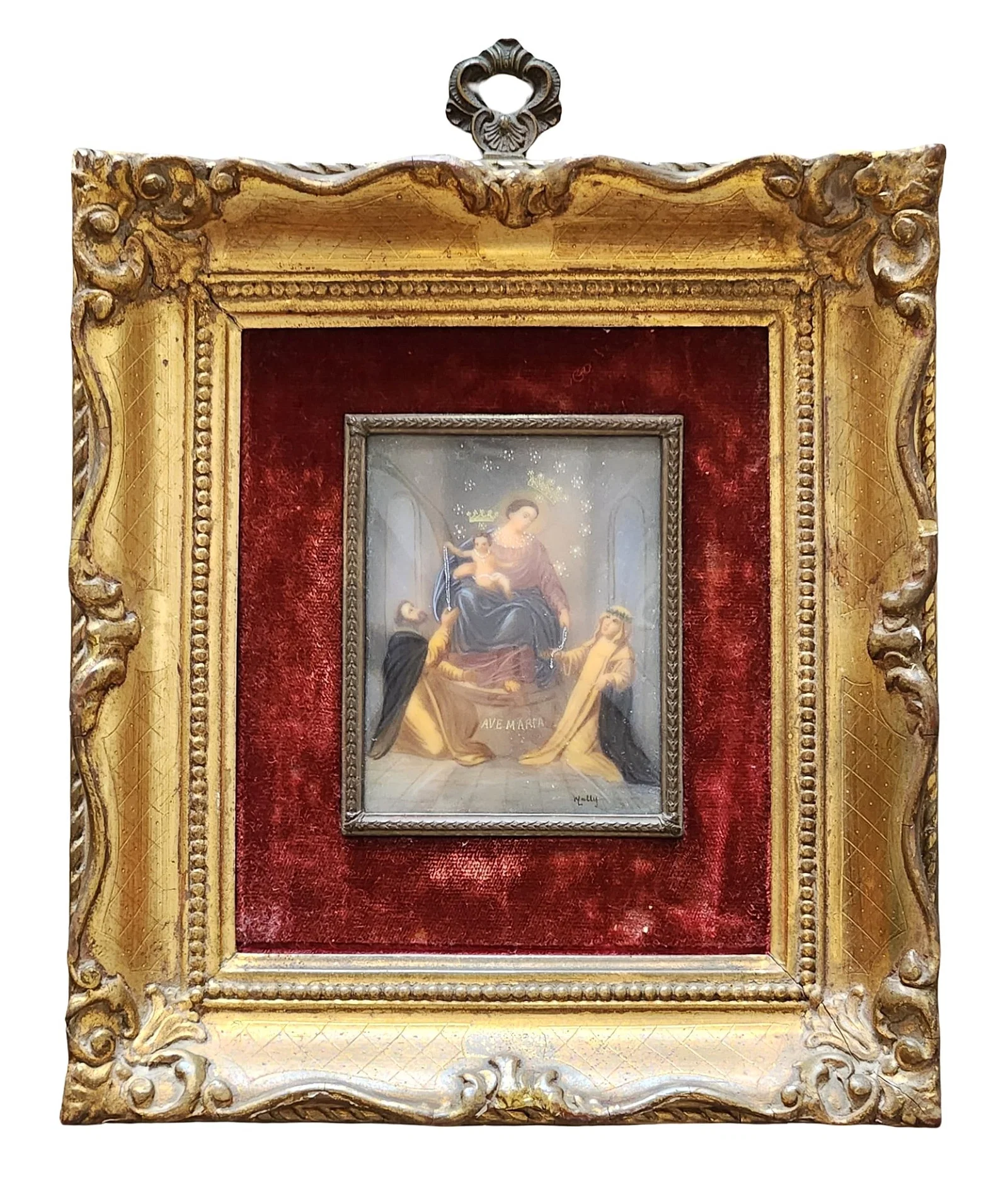Framed Religious Miniature Painting of Madonna and Child with Saints, “Ave Maria