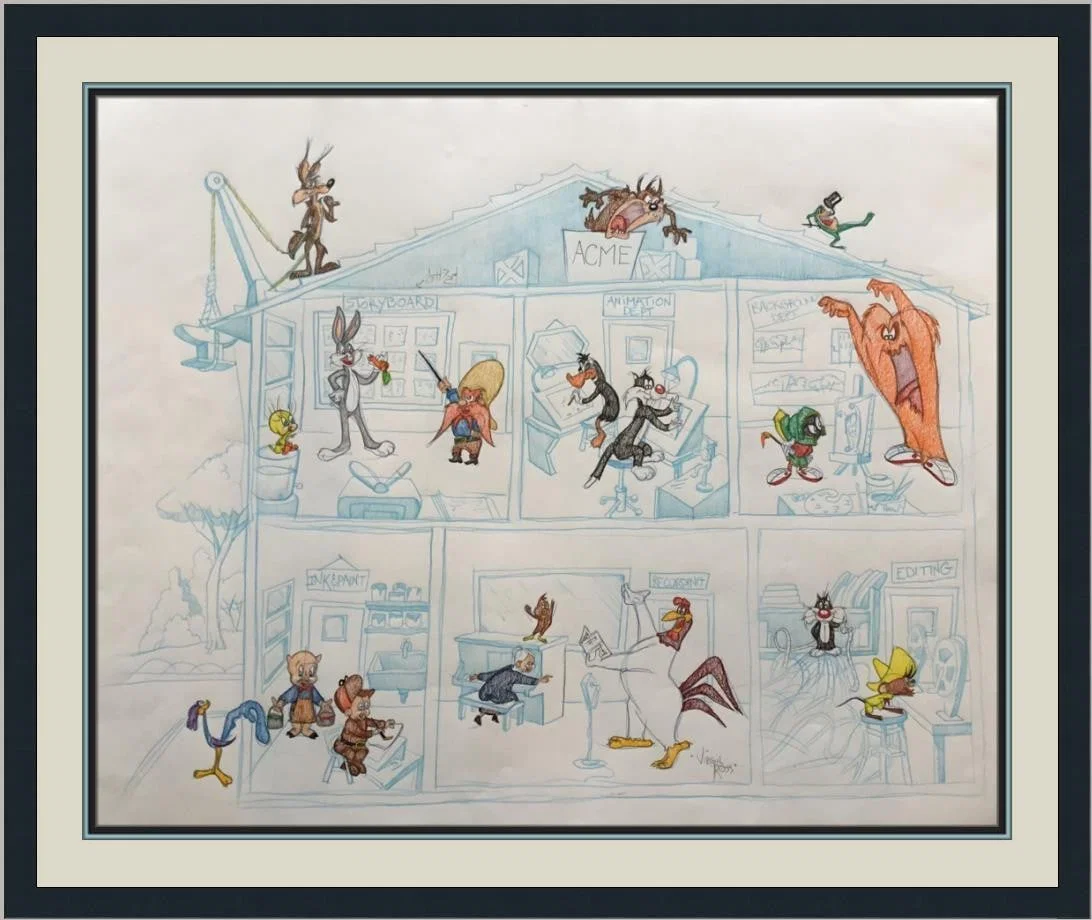 Framed Warner Bros Model Sheet Drawing Signed by Virgil Ross Featuring Looney Tunes