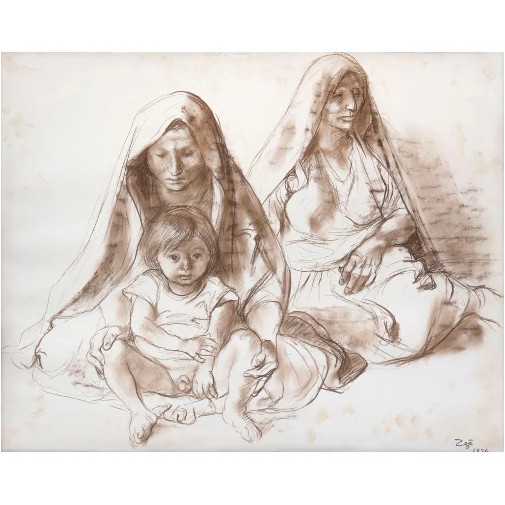 FRANCISCO ZÚÑIGA. Mujeres con niño. Firmado y fechado 1976. Pastel y conté sobre papel. 56 x 76