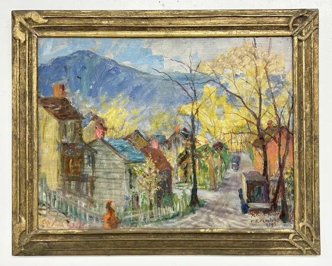 Franklin Zell Heuston (1880-1966) o/b titled ( PARRISH STREET ), dated 1945, in wonderful carved