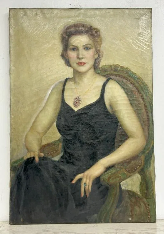 Franklin Zell Heuston (1880-1966 ) o/c portrait of pretty Woman in black dress seated in armchair,