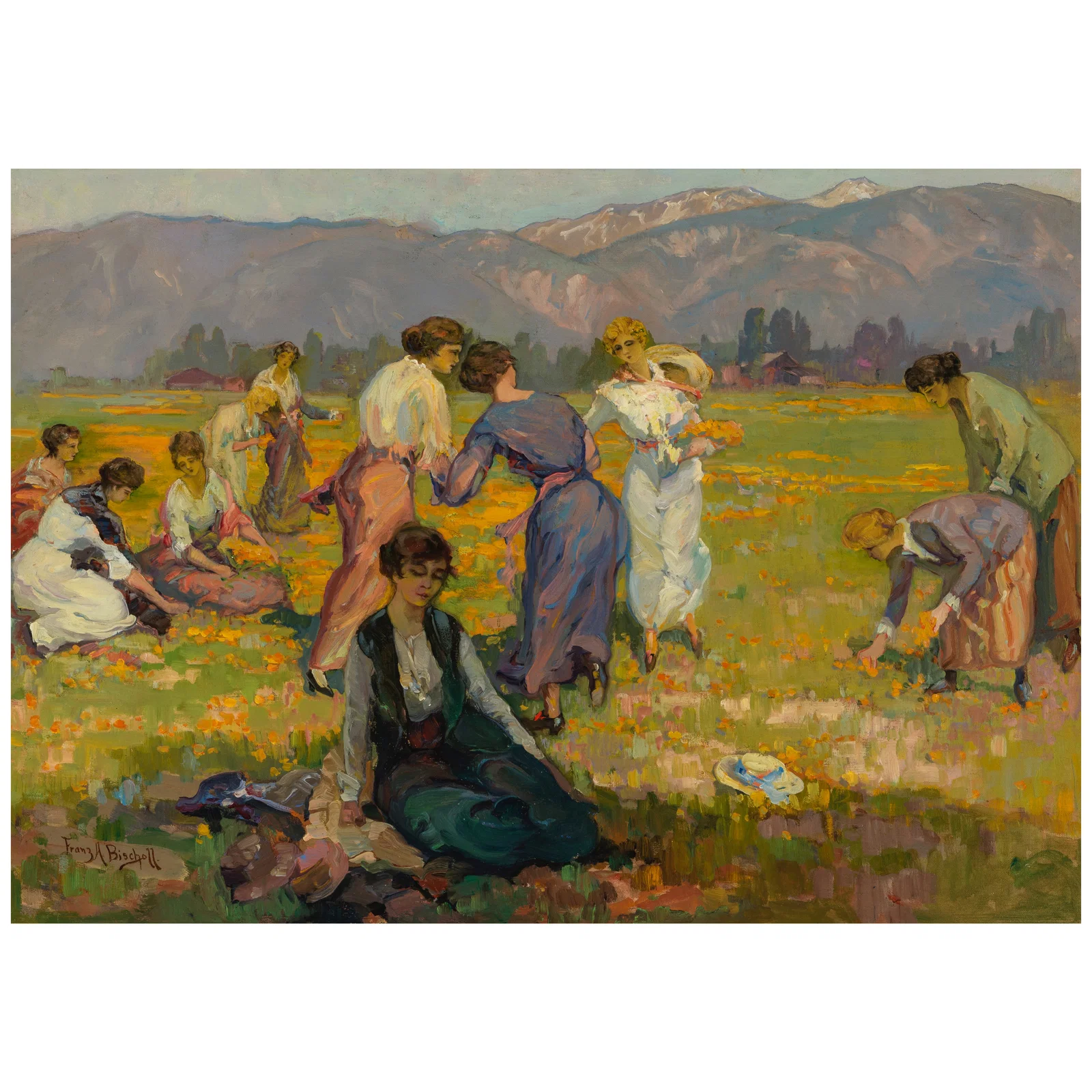 FRANZ ARTHUR BISCHOFF (1864-1929) Picking Poppies, Pasadena 24 x 34 in. (Painted circa 1910.)