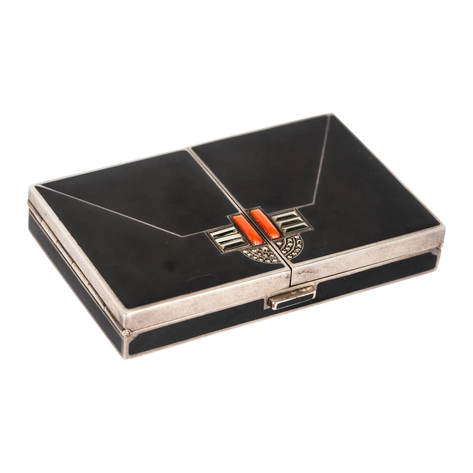 French Art Deco Egyptian style black compact with jewelled decoration