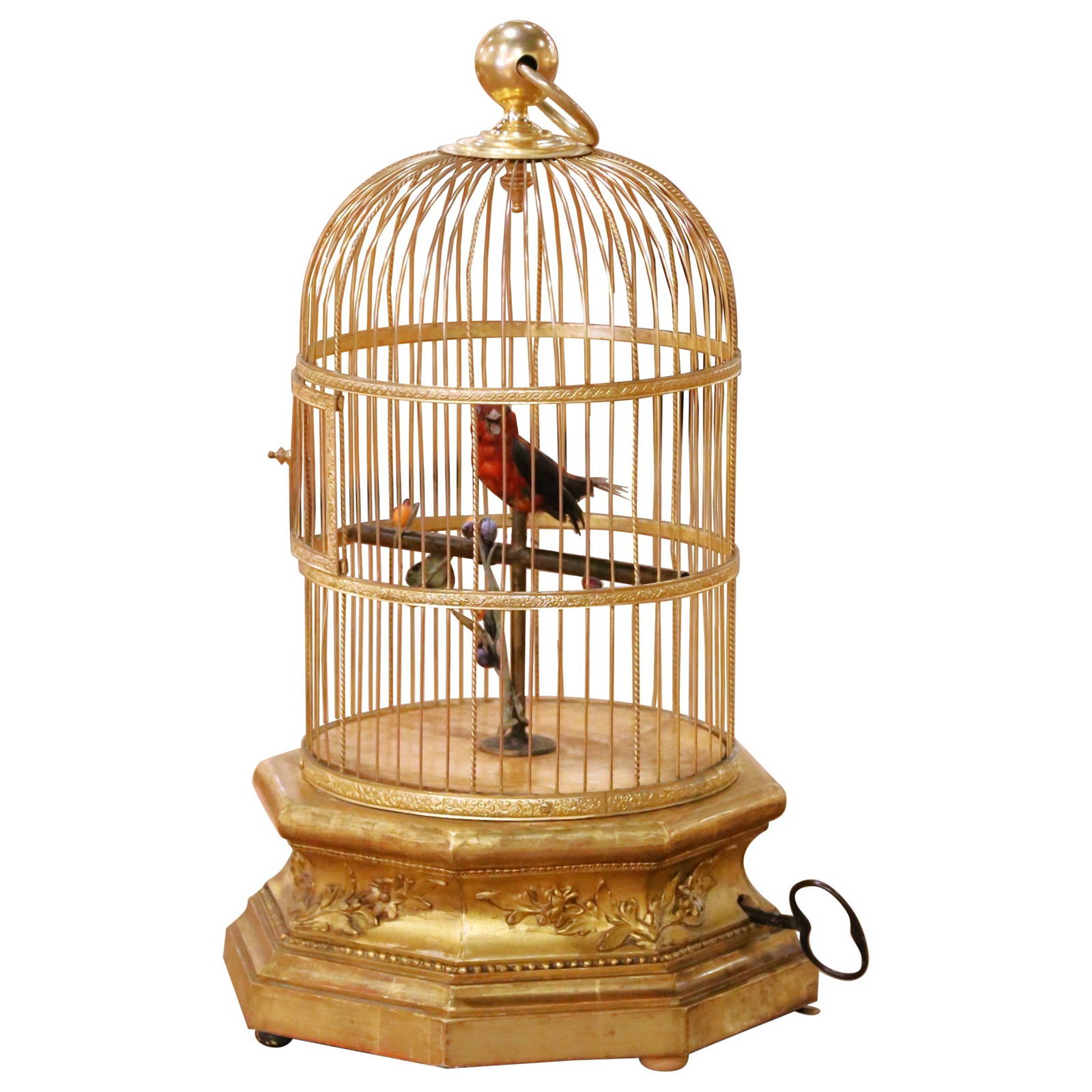 French Gilt Bronze Singing Bird Automaton Circa 1880 on Ornate Giltwood Base