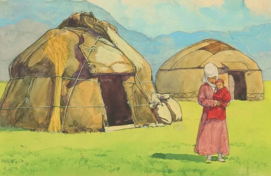 French Gouache Drawing Illustration, Tents Kyrgyz - Drawing Antique