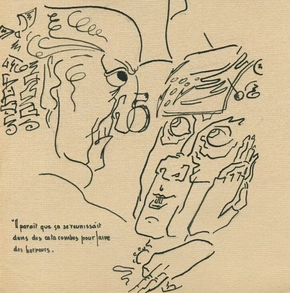 French Ink Drawing Portrait, Faces and People Antique Original