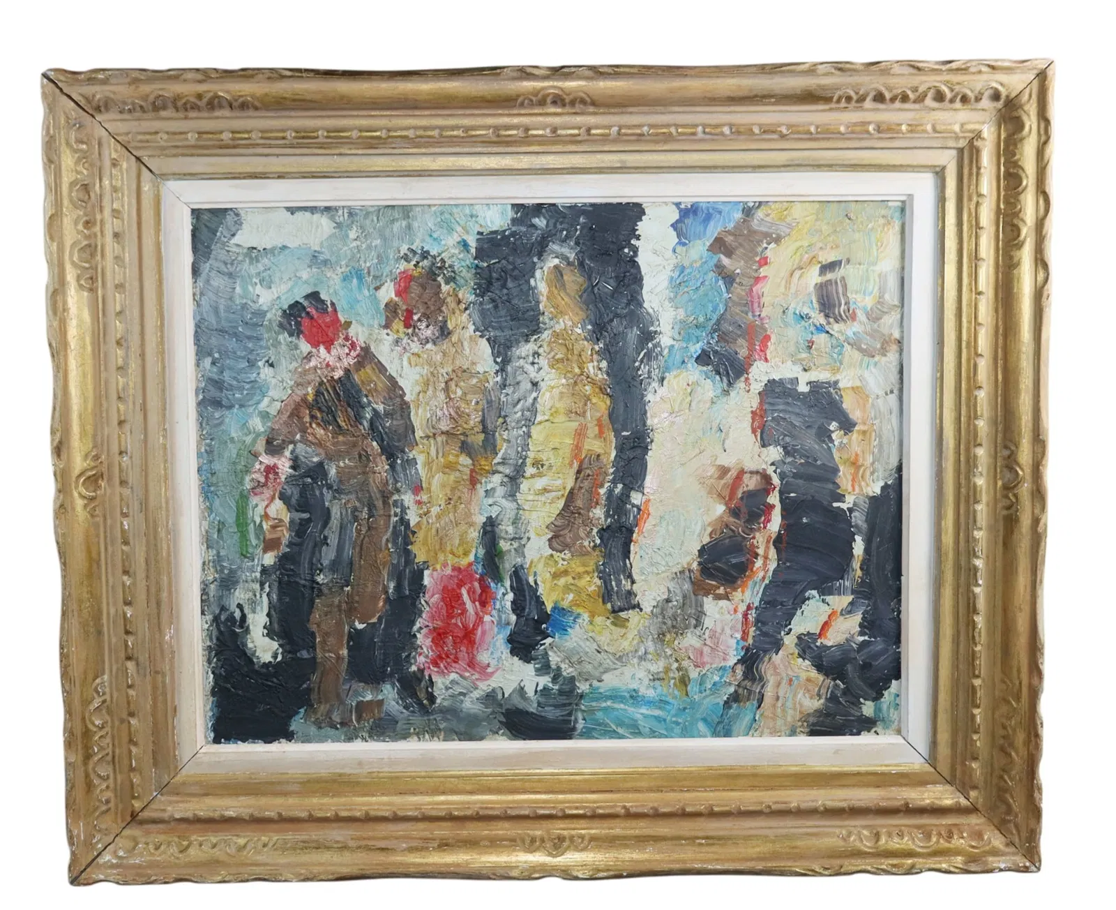 French oil on board abstract painting of people walking