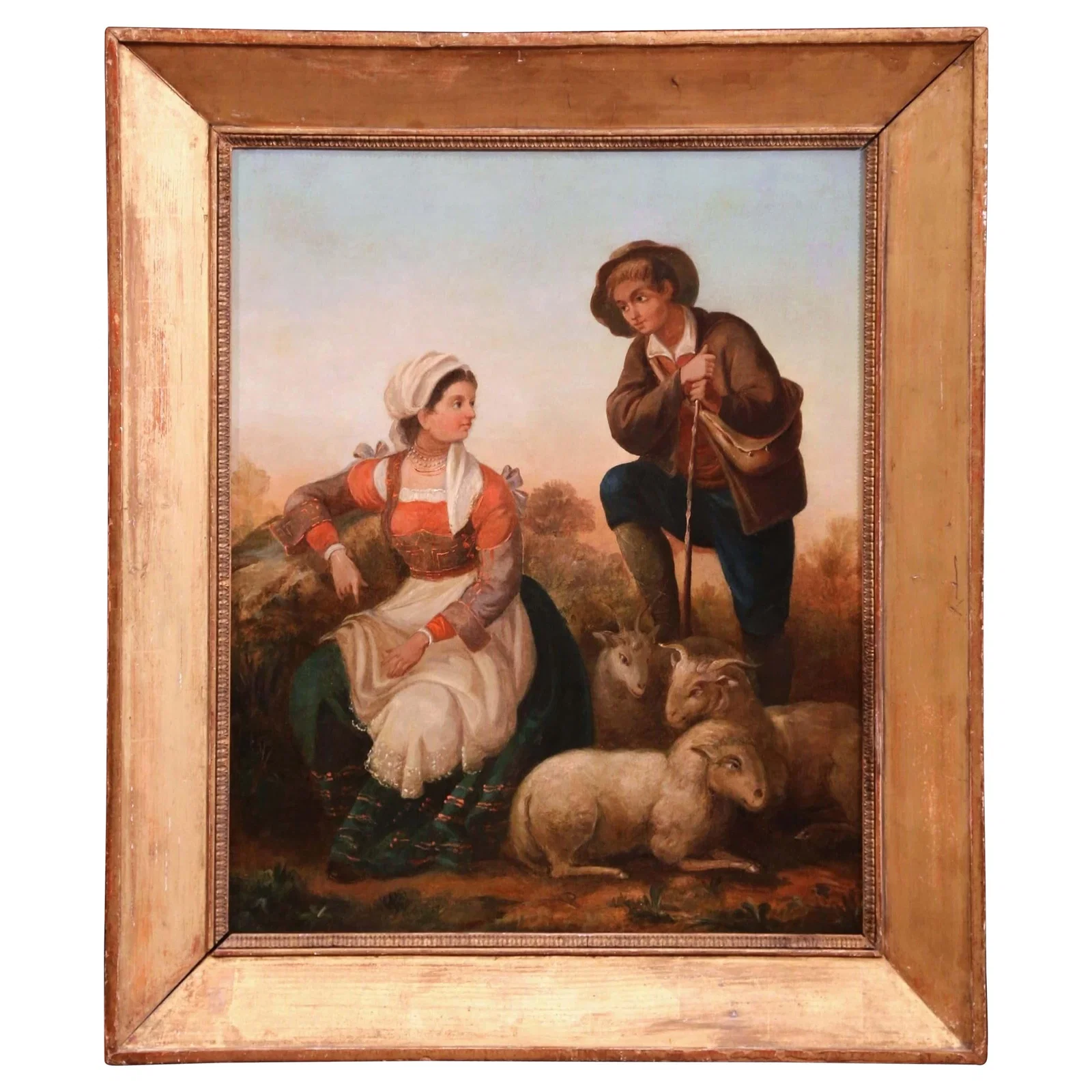 French Pastoral Oil Painting circa 1850 in Ornate Giltwood Frame