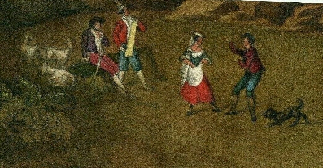 French Pencil Drawing Dancing People with Dog and Goats Antique