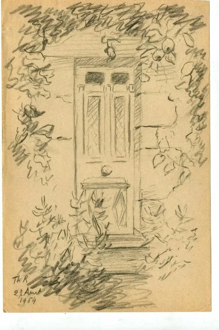 French Pencil Drawing Door, House, Landscape, Architecture
