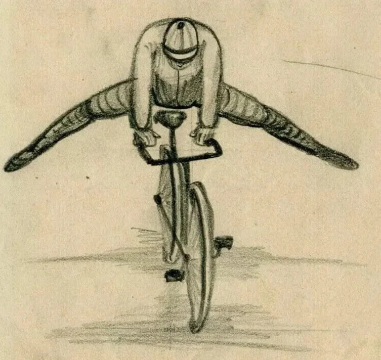 French Pencil Drawing Man Portrait on a Bike, Caricatures - Modern