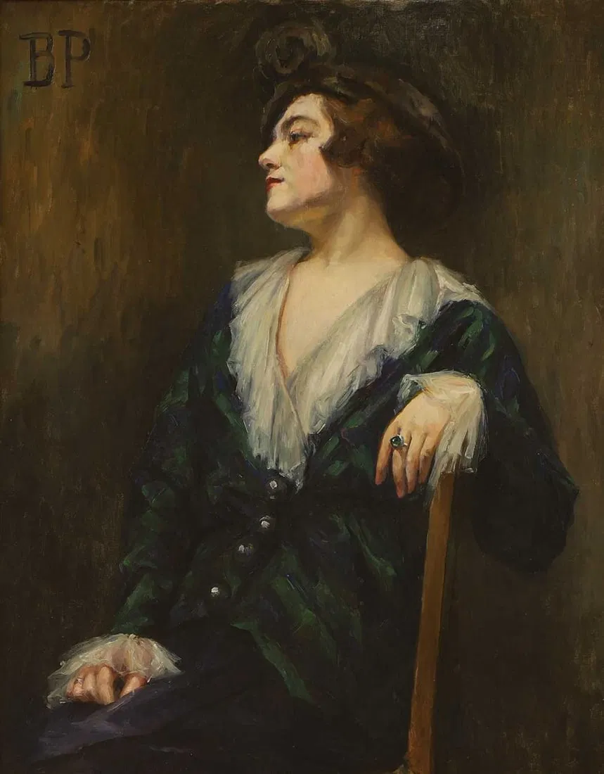 French School, early 20th century Portrait of a lady, half-length seated, in a blue and green dress
