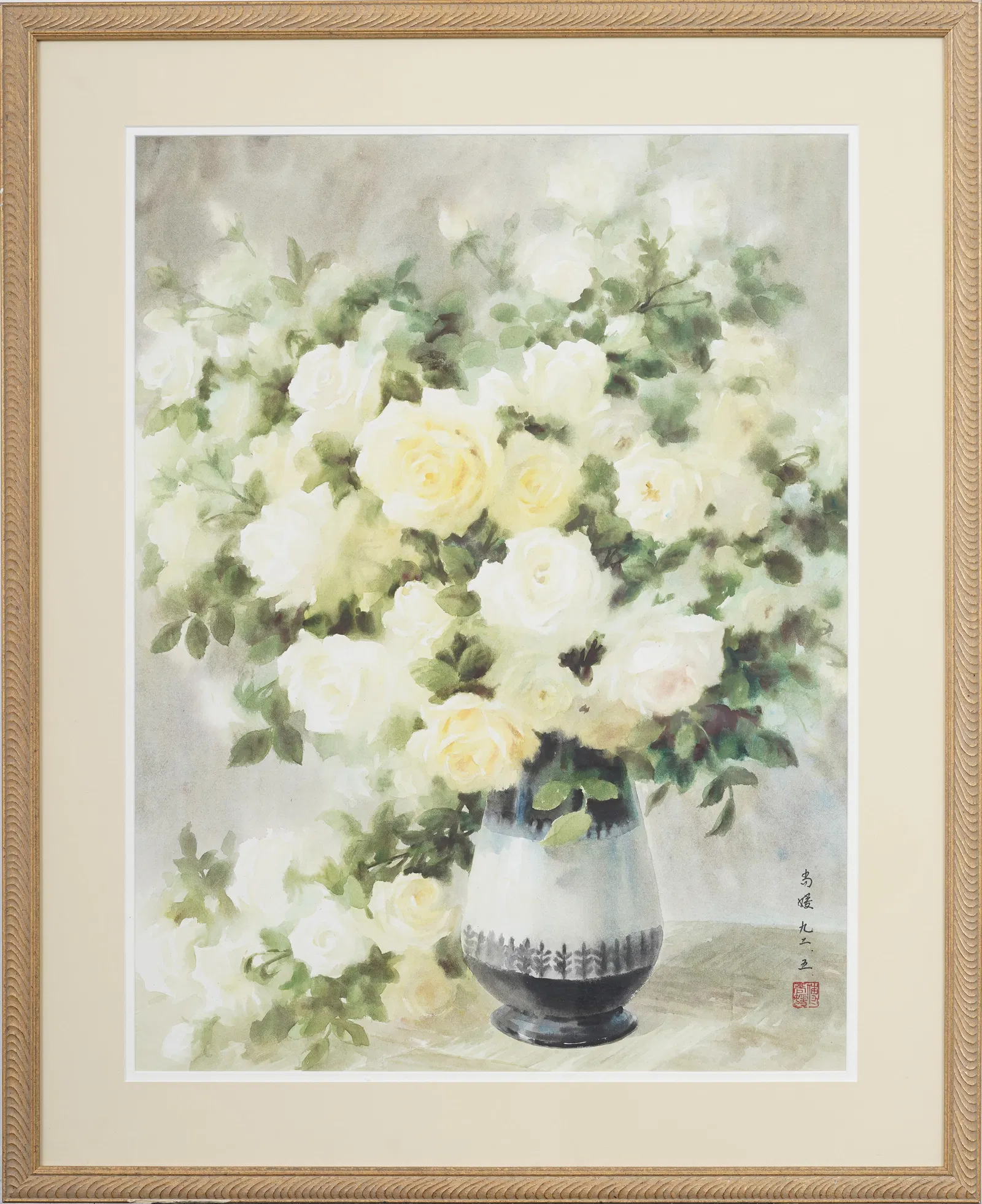 Fu Shangyuan (b. 1933) Vintage Chinese White Roses Still Life Original Watercolor Painting