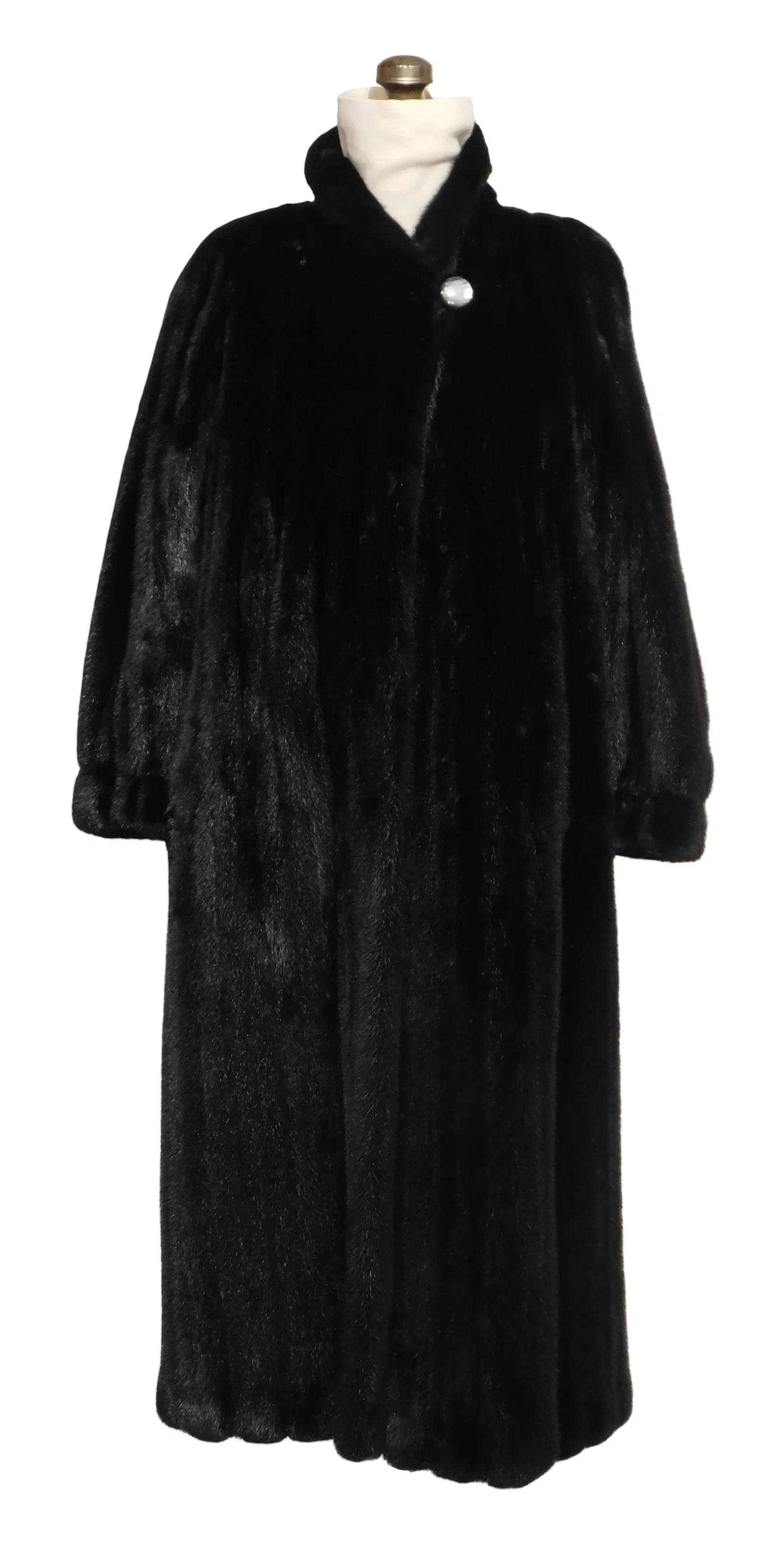 Full length black woman's mink coat, long coat with collared neck, single large decorative top