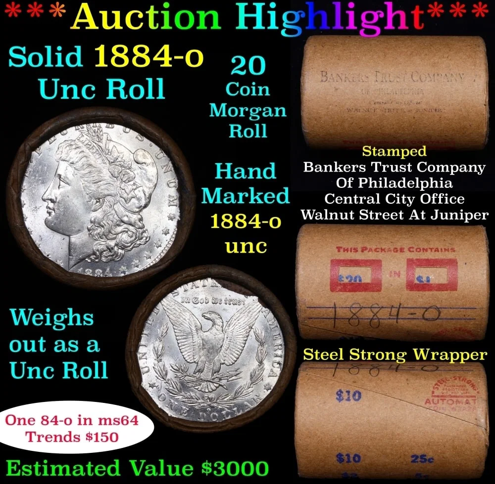 Full solid date 1884-o Uncirculated Morgan silver dollar roll, 20 coins