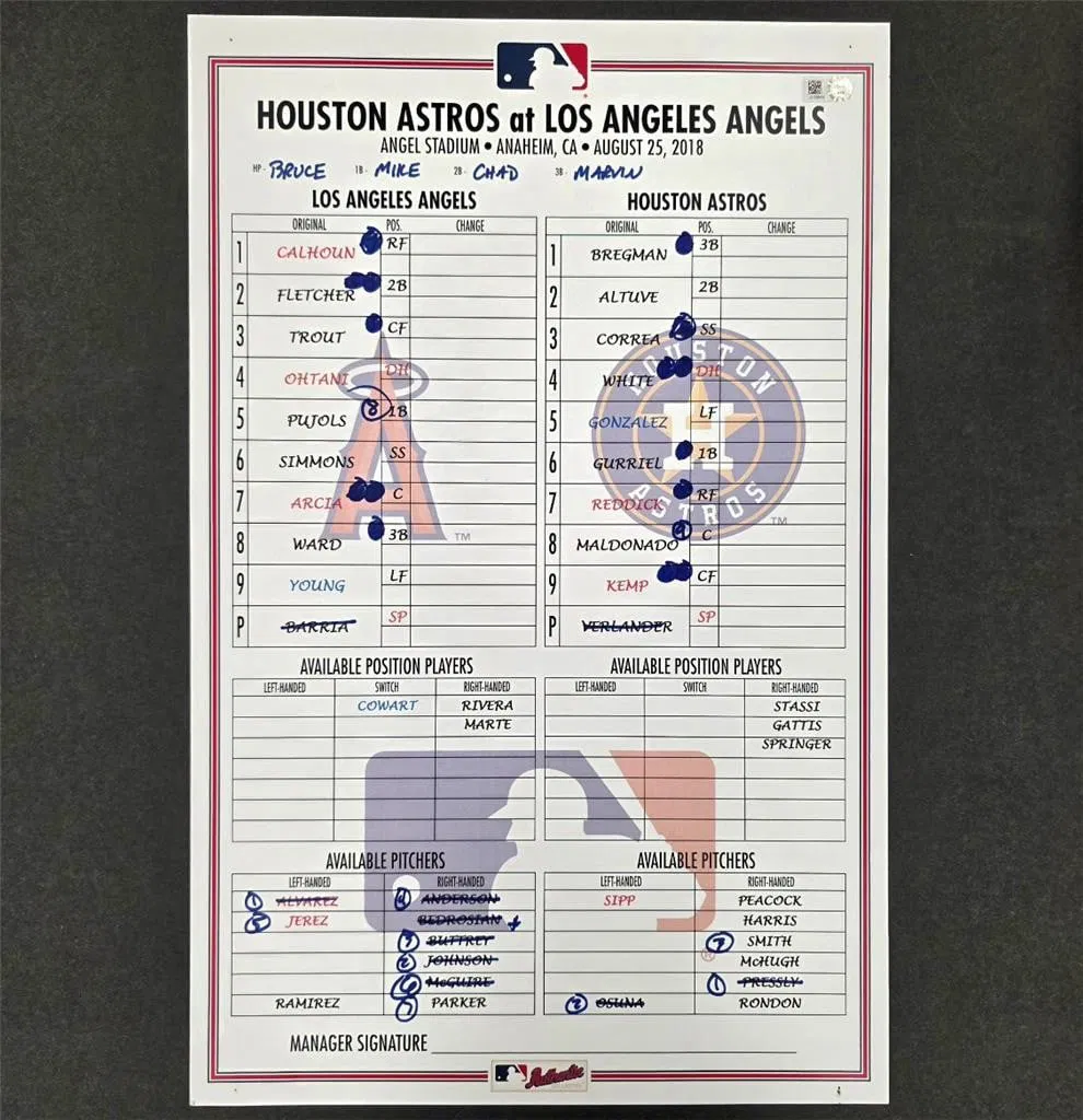 Game Used MLB Lineup Card From Ohtani 14th Home Run Off Verlander 2018