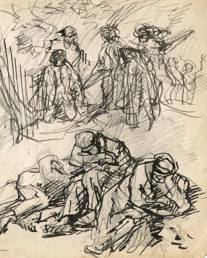 Genre Scene, Boat, Sketch Figures Drawing Vintage Ink Original