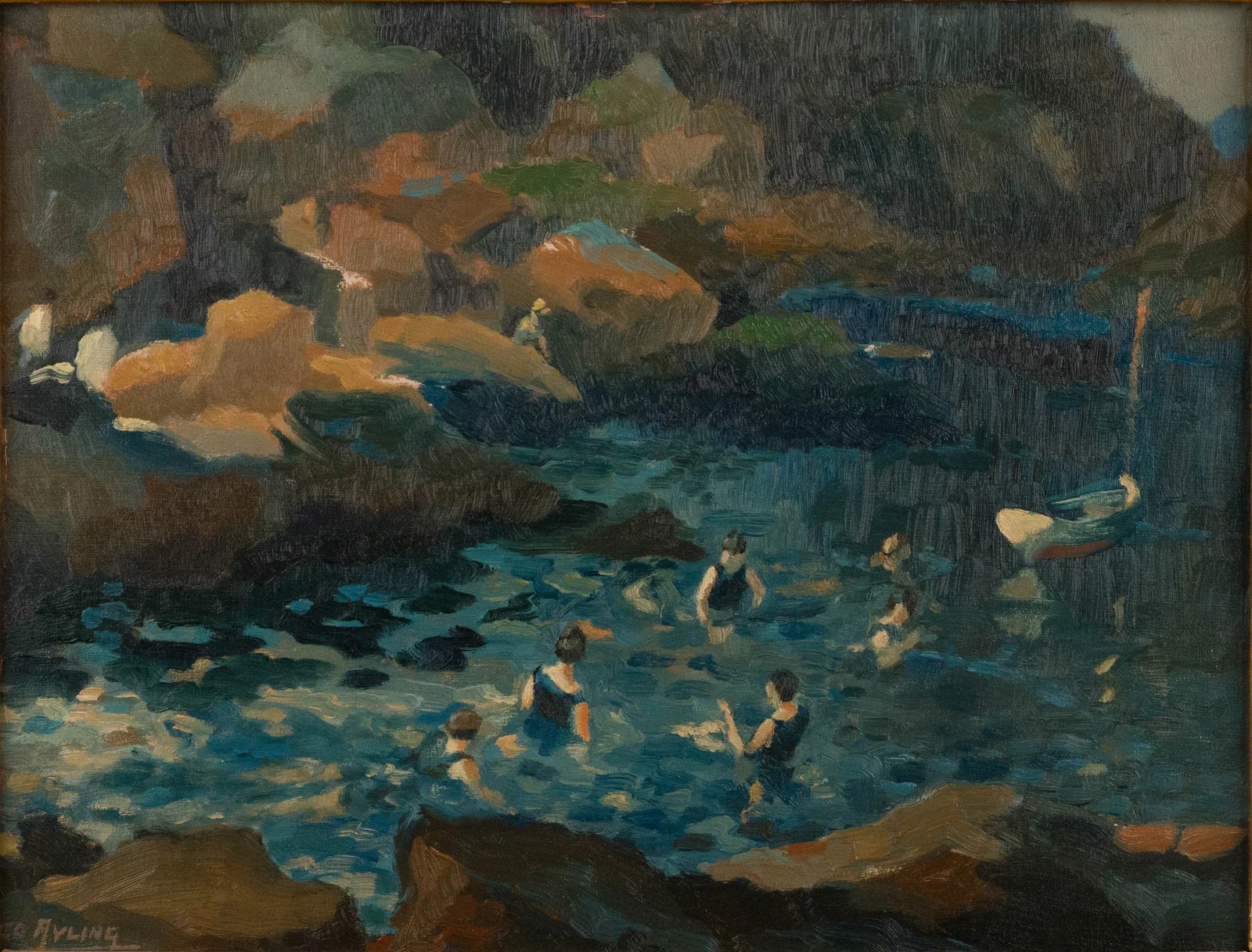 George Ayling, 1887-1960, The Bathing Pool, Oil on Board