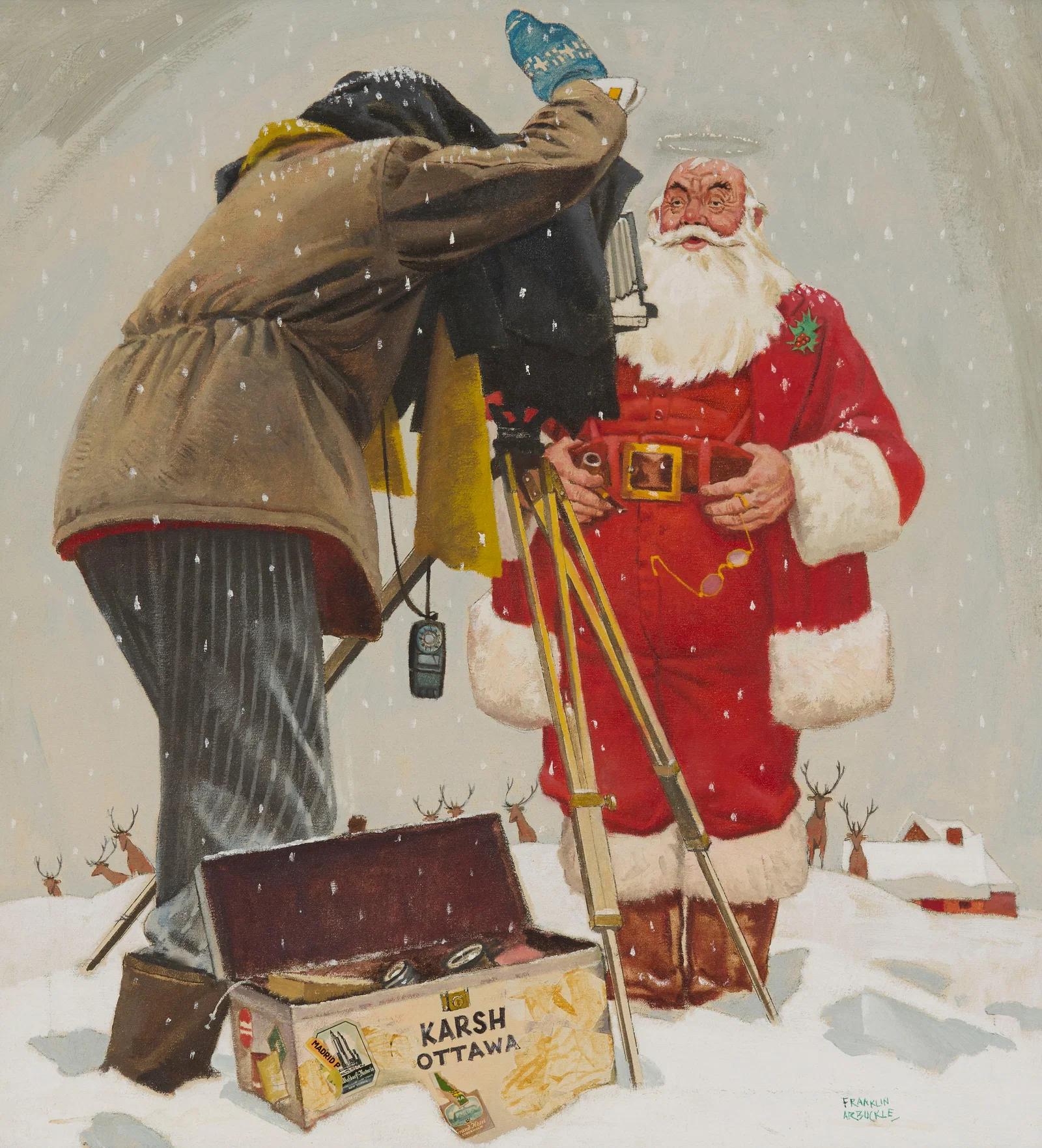 GEORGE FRANKLIN ARBUCKLE, (Canadian, 1909-2001), Karsh Photographing Santa, oil on canvas with