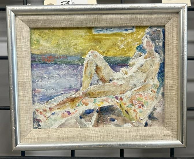 George Franklin Heuston (1906-2001) small o/b reclining nude Woman, painting measures 6.5" x 8",