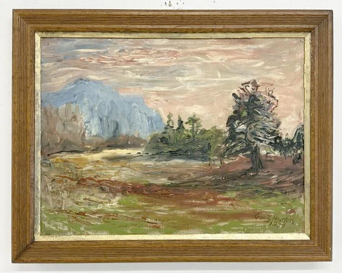 George Franklin Heuston (American, 1906-2001) impressionist o/c titled ( MARSH AND MOUNTAIN, 1930 ),
