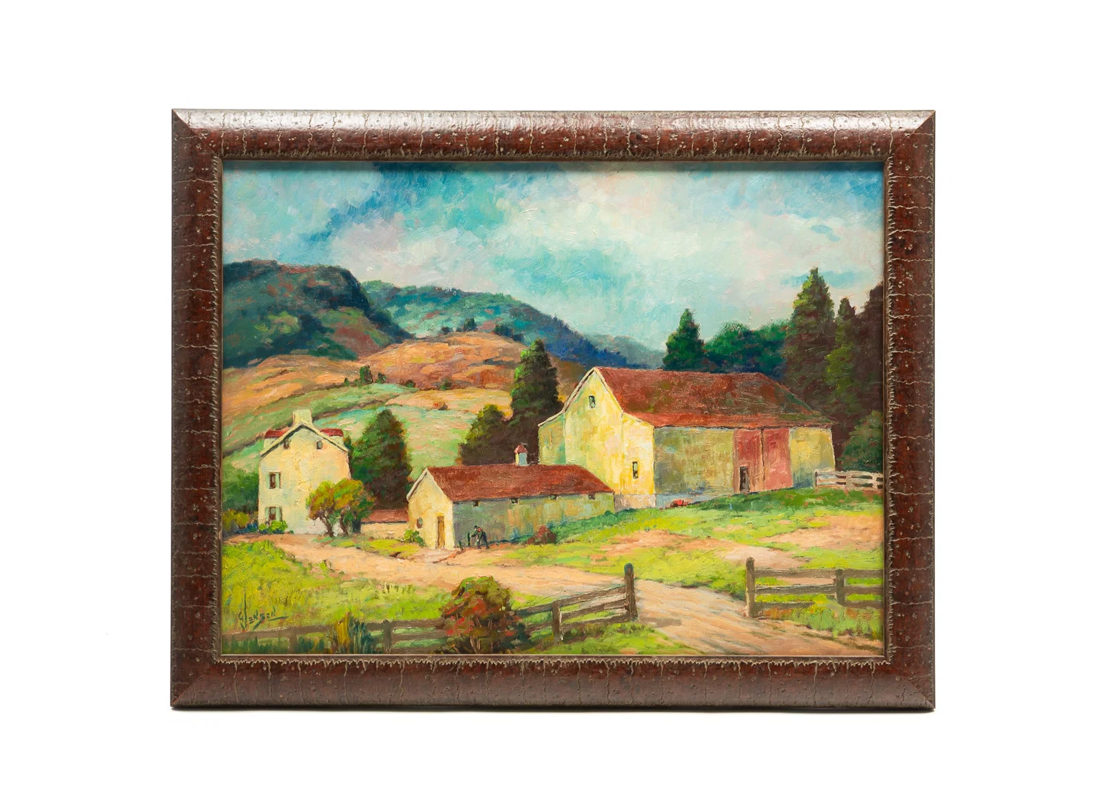 GEORGE JENSEN (AMERICAN, 1878–1977) OIL ON BOARD OF FARM LANDSCAPE.