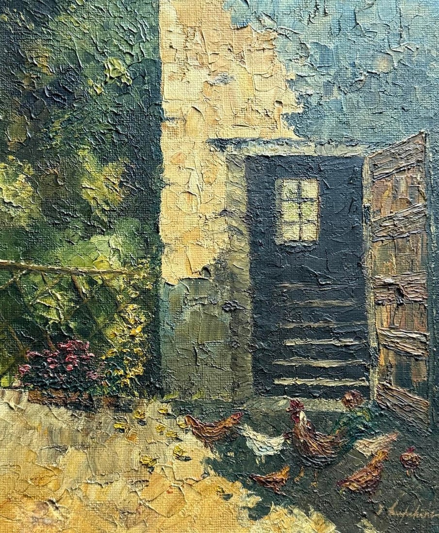 George Lapchine Technique: Oil painting on board Rural Scene with Chickens