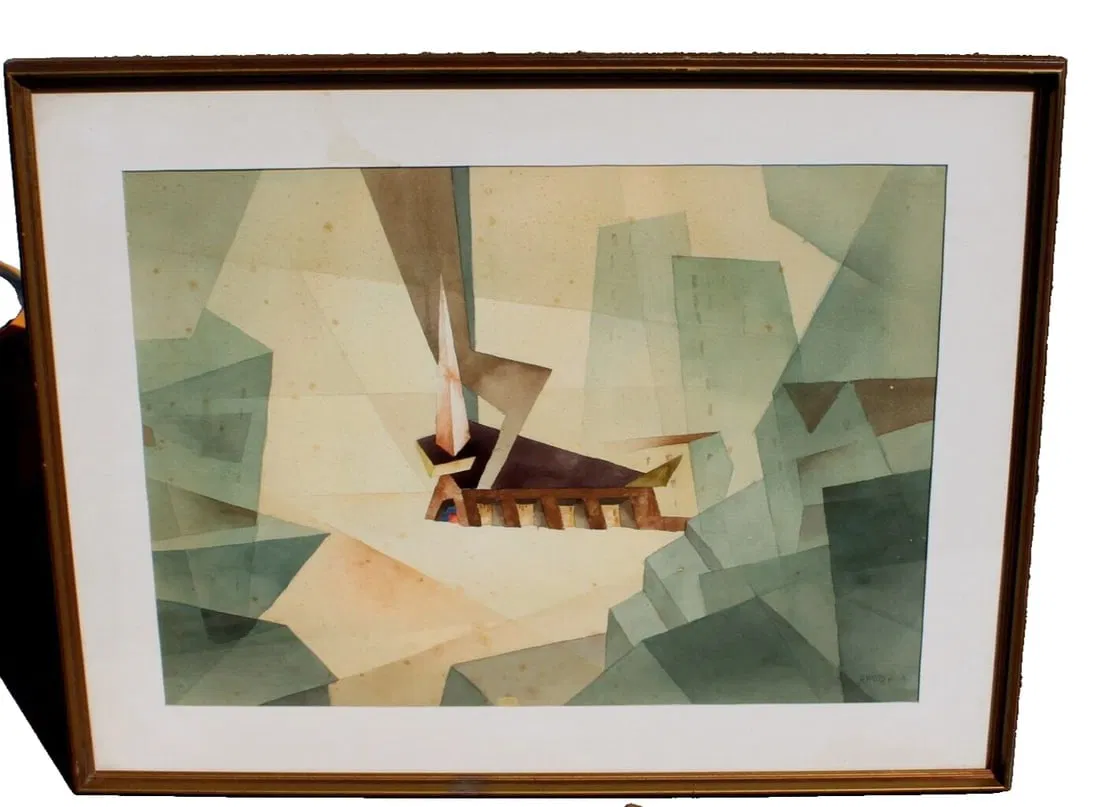 George Lykos Mid Century Modern California watercolor Buildings & a Prism