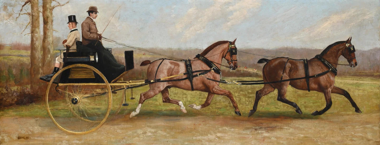 GEORGE PAICE (BRITISH 1854-1925), A HORSE-DRAWN BUGGY ON A TRACK WITH A HUNT BEYOND