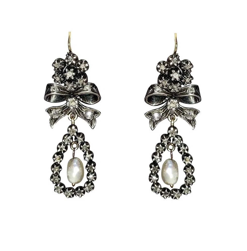 Georgian 14K 14 KT Gold Silver-Front Diamond Earrings with Natural Pearl Dangles