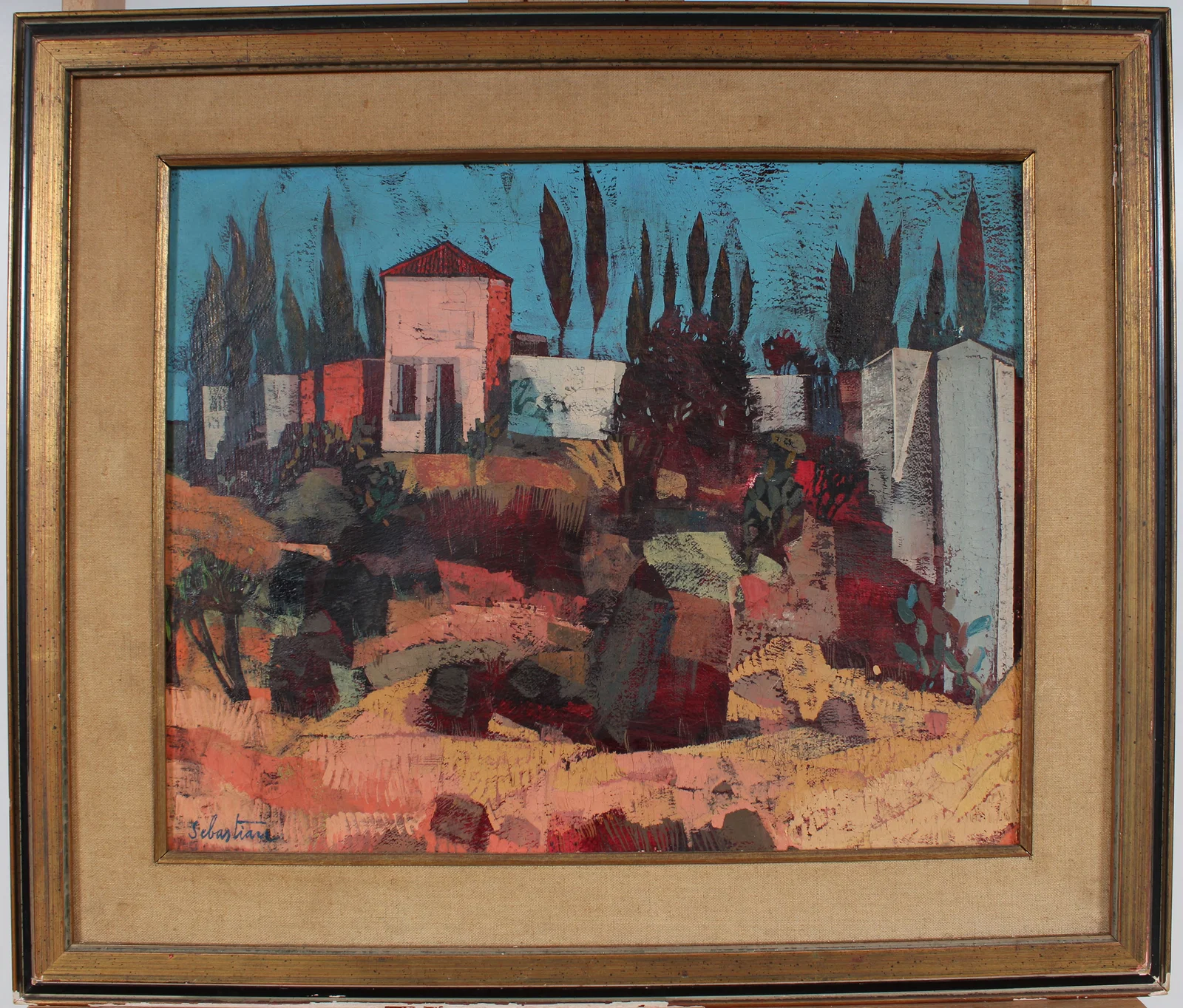Gerard Sebastian Vintage Spanish Modernist European Countryside Fauvist Villa Framed Oil Painting