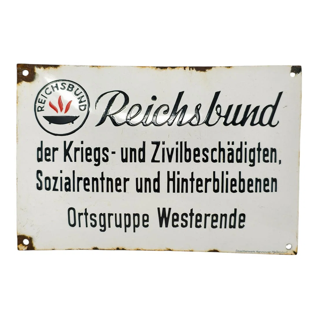 GERMAN ENAMEL SIGN – REICHSBUND DER KRIEGS- UND ZIVILBESCHÄDIGTEN – ORTSGRUPPE WESTERENDE