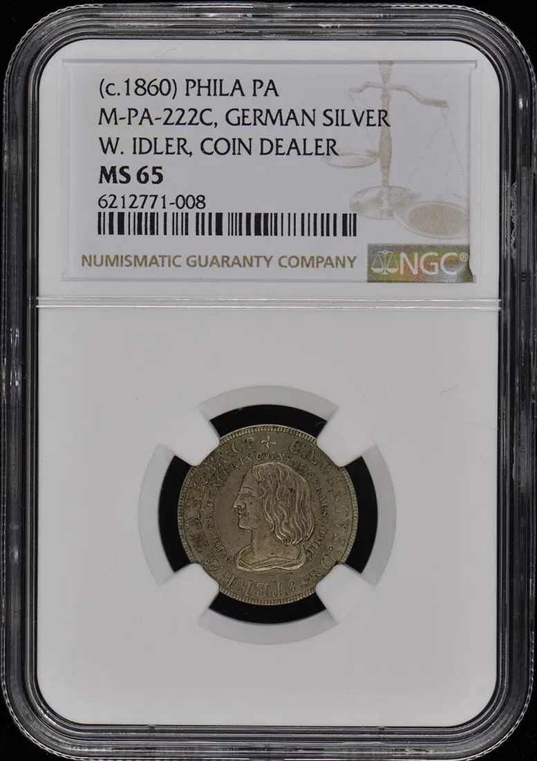 German Silver 1860 Philadelphia W Idler Dealer Token NGC MS65 M-PA-222C