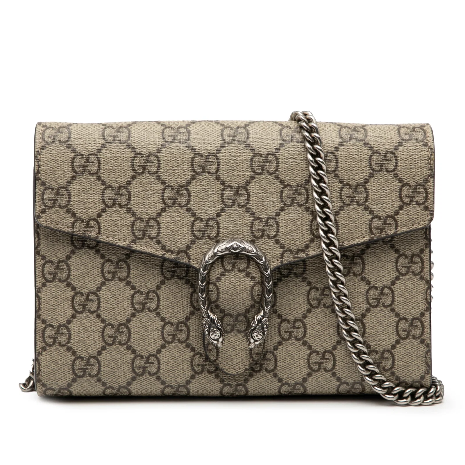 GG Supreme Dionysus Chain Wallet Beige Coated Canvas with Silver Strap