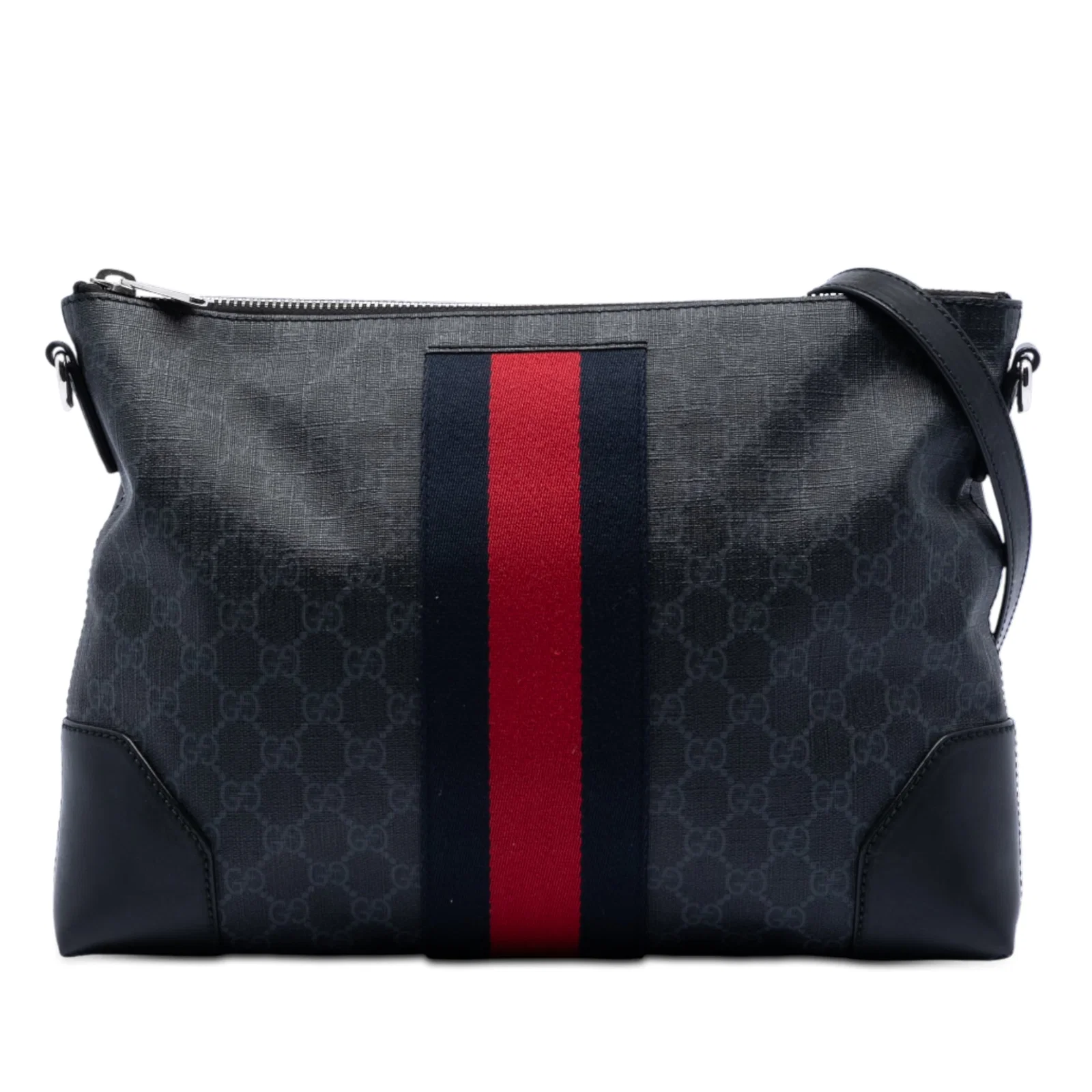 GG Supreme Web Pattern Black Crossbody Bag with Leather Trim
