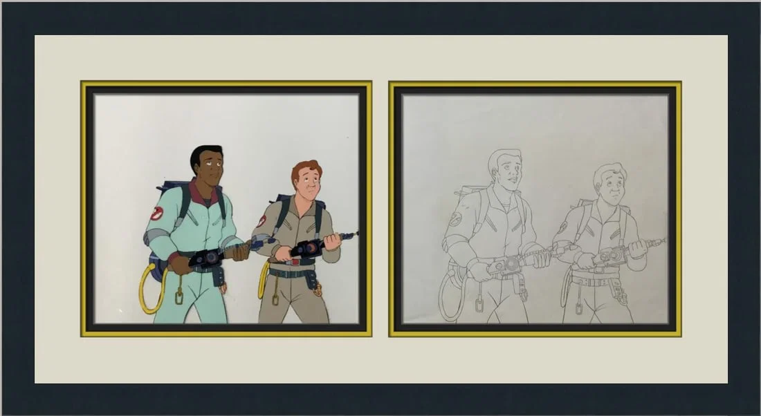 Ghostbusters Animation Cel and Drawing Featuring Ray Stantz and Winston Zeddemore