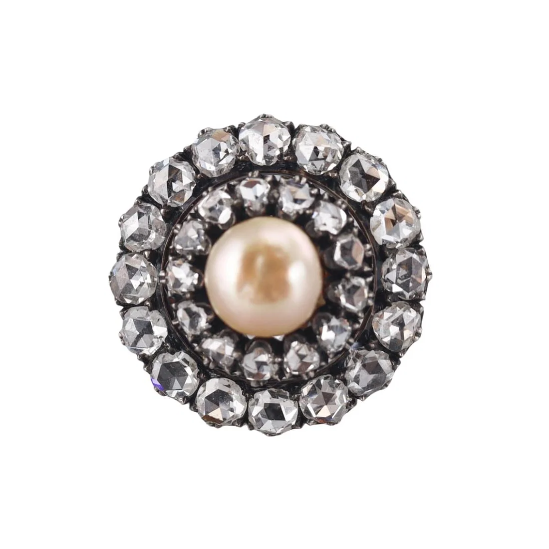 GIA Natural Pearl Antique 14k Gold Silver Diamond Ring