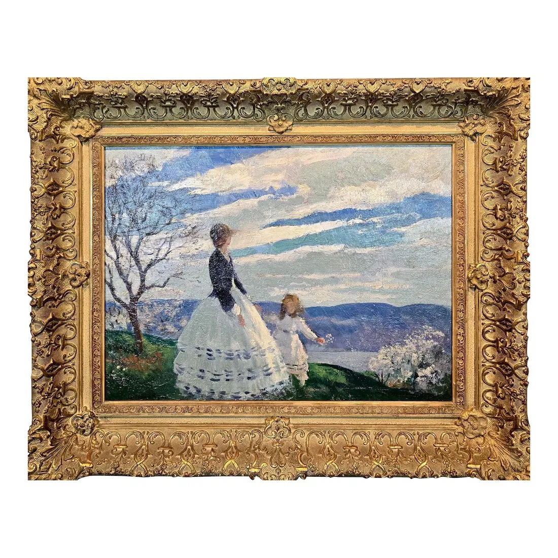 Gifford Beal -Mother & Daughter in a Spring Breezy Day- C1915 Oil Painting
